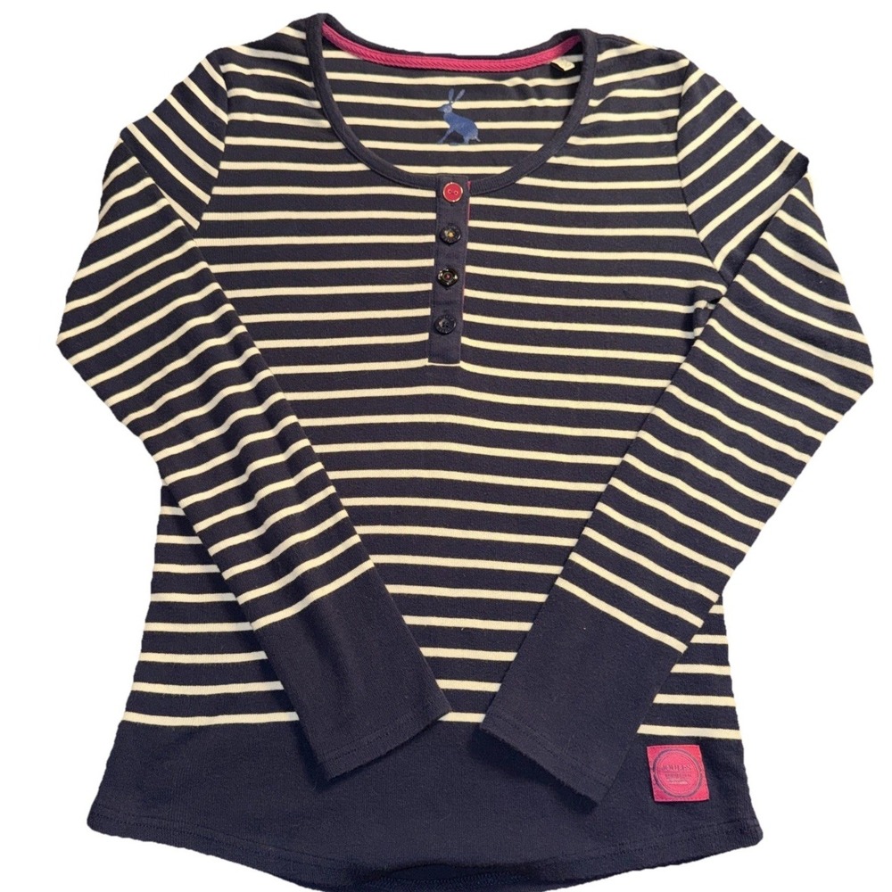 Joules Women's 10 Navy Striped Henley Coastal Nautical Artsy